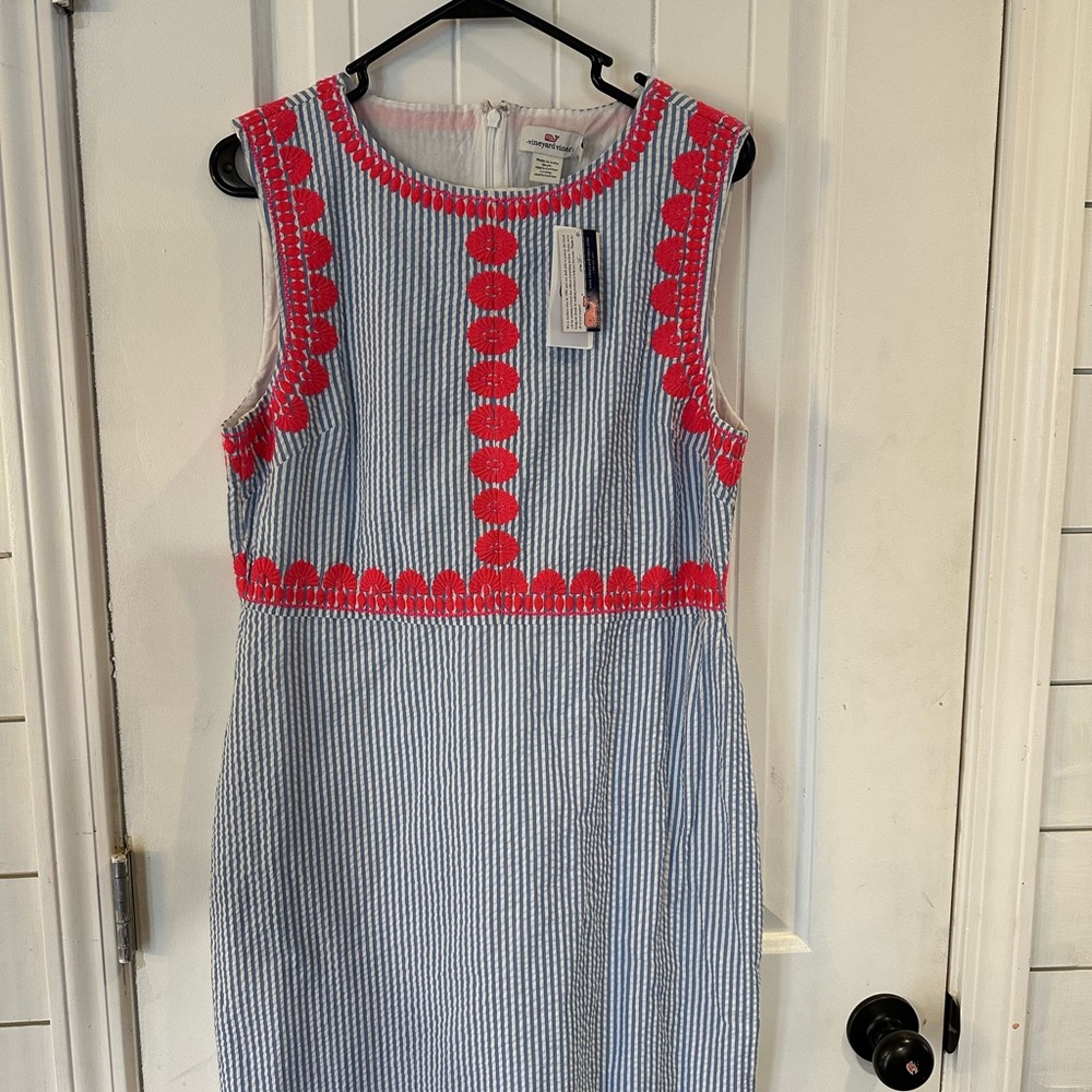 Vineyard Vines Blue and Pink Seersucker Midi Dress